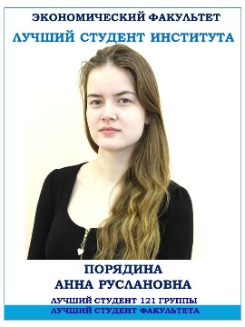 Экономический факультет
Порядина Анна Руслановна 
Лучший студент 121 группы
Лучший студент факультета 
Лучший студент института