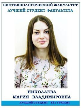 Биотехнологический факультет
Николаева Мария Владимировна
Лучший студент 532 группы+
Лучший студент факультета
