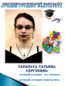БИОТЕХНОЛОГИЧЕСКИЙ ФАКУЛЬТЕТ
ЛУЧШИИ СТУДЕНТ ФАКУЛЬТЕТА
ТАРАПАТА ТАТЬЯНА СЕРГЕЕВНА
ЛУЧШИЙ СТУДЕНТ 521 ГРУППЫ